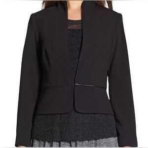 Eileen Fisher Blazer Leather Trim Black Stand Collar Jacket Size M